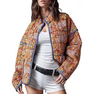 Women’s Orange  Cropped Puffer Quilted Jacket Floral Print Lightweight Coat